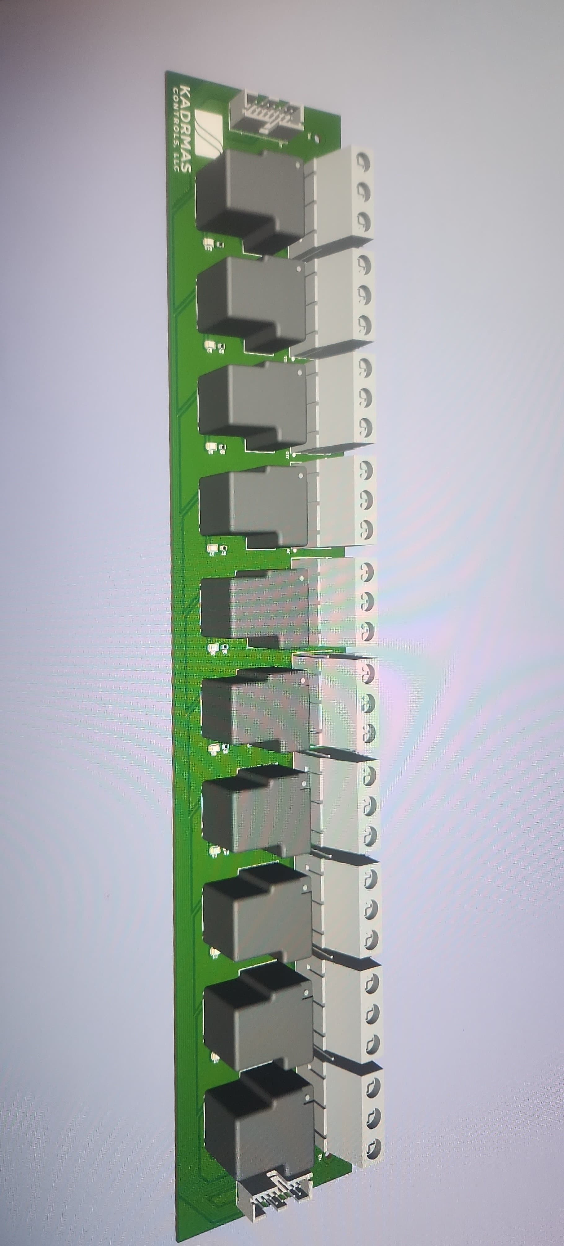 Custom designed PCB relay control board for in-floor heating showing heavy duty relays and traces